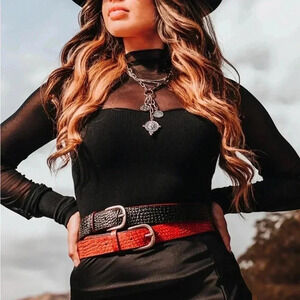 Liz Claiborne Vintage Red Leather Belt with Solid Brass Silver Brushed Buckle